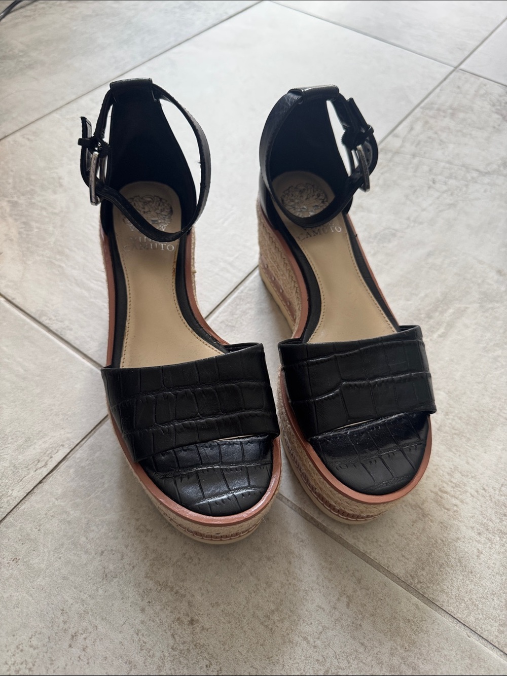 Vince Camuto Black Croc-Embossed Espadrille Wedge Sandals